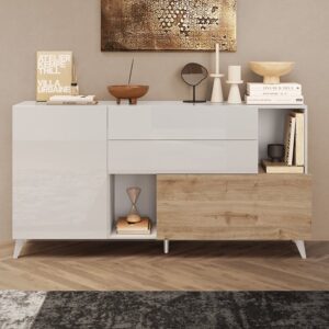 Milan High Gloss Sideboard 2 Doors 2 Drawers In White Cadiz Oak