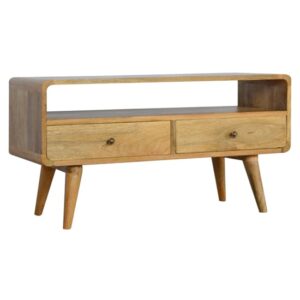 Bacon Wooden Curved TV Stand In Oak Ish With 2 Drawers