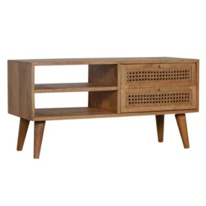 Debby Wooden TV Stand In Oak Ish Rattan Design